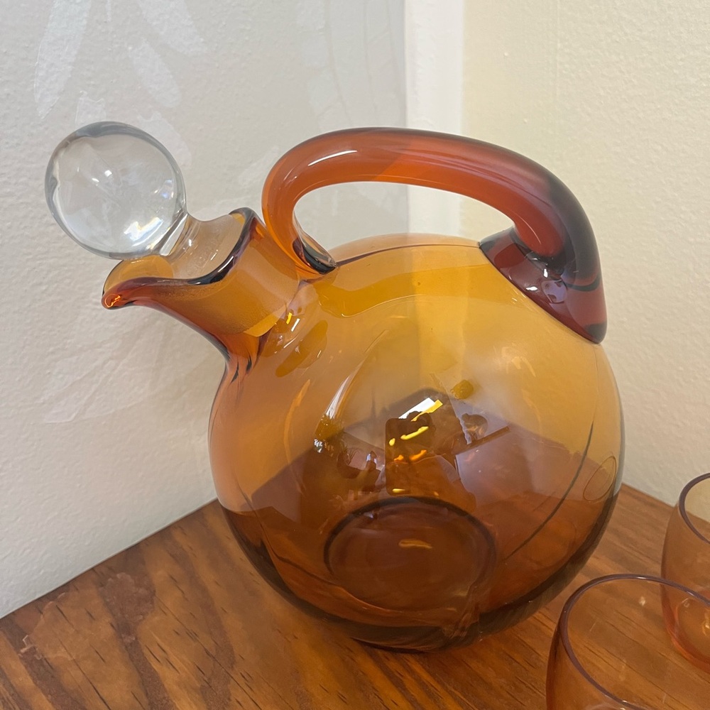 Vintage Cambridge Amber Glass Tilt Ball Cordial Decanter w/2 Glasses - Picture 4 of 13